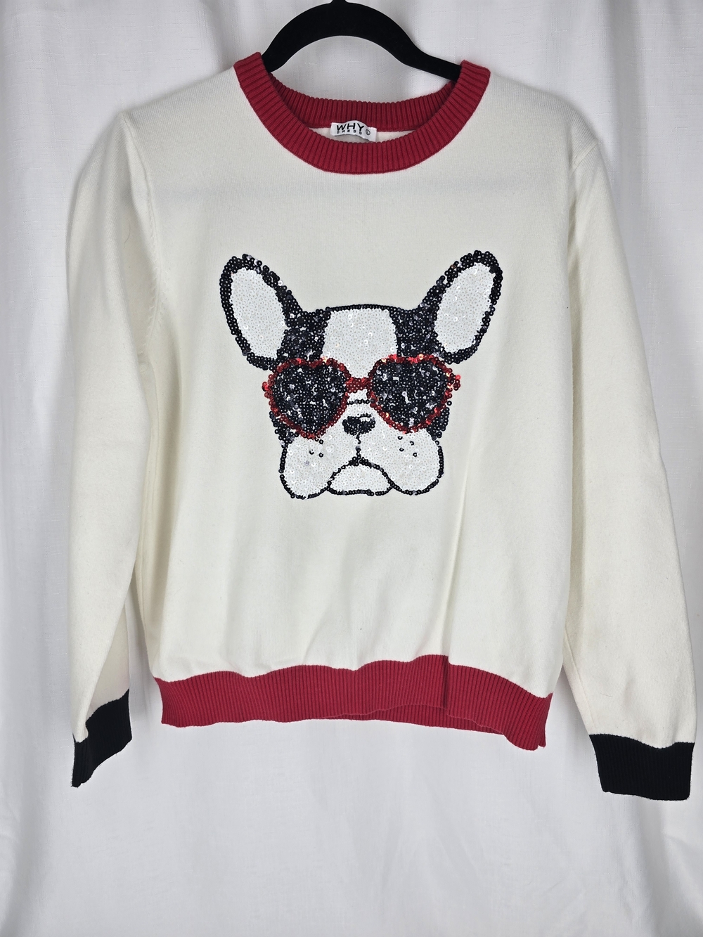 WHY? Ivory Crewneck Sweater with Red Trim & Sequin Dog Motif